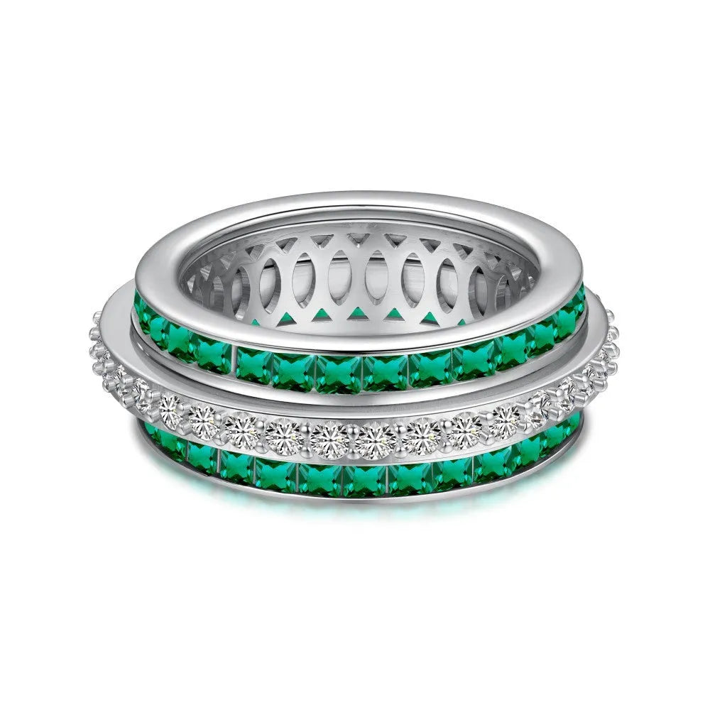 Rotary decompression ring S925 sterling silver with diamond inlay, geometric round shape, women's size 7 blue colour
