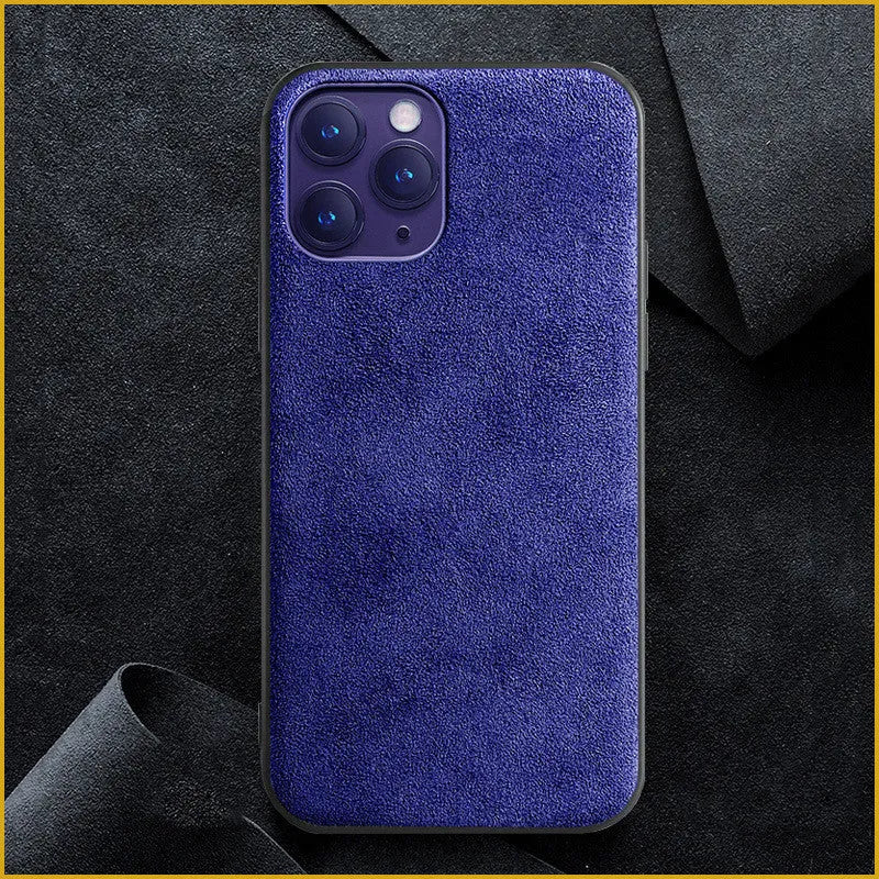 Suede full-cover back case for iPhone in elegant black, dark night green, and dark blue colour options.