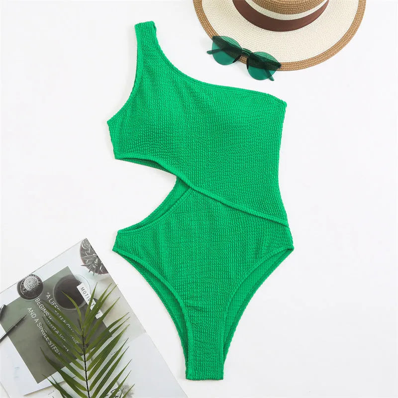 Plain solid colour one shoulder one piece swimsuit for women polyester fabric swimming wading beachwear