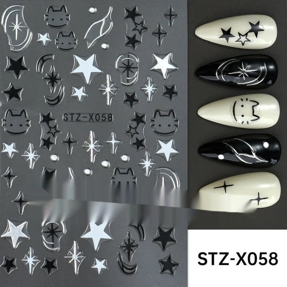Pack of black and silver striped nail art stickers with cartoon and love pattern designs.