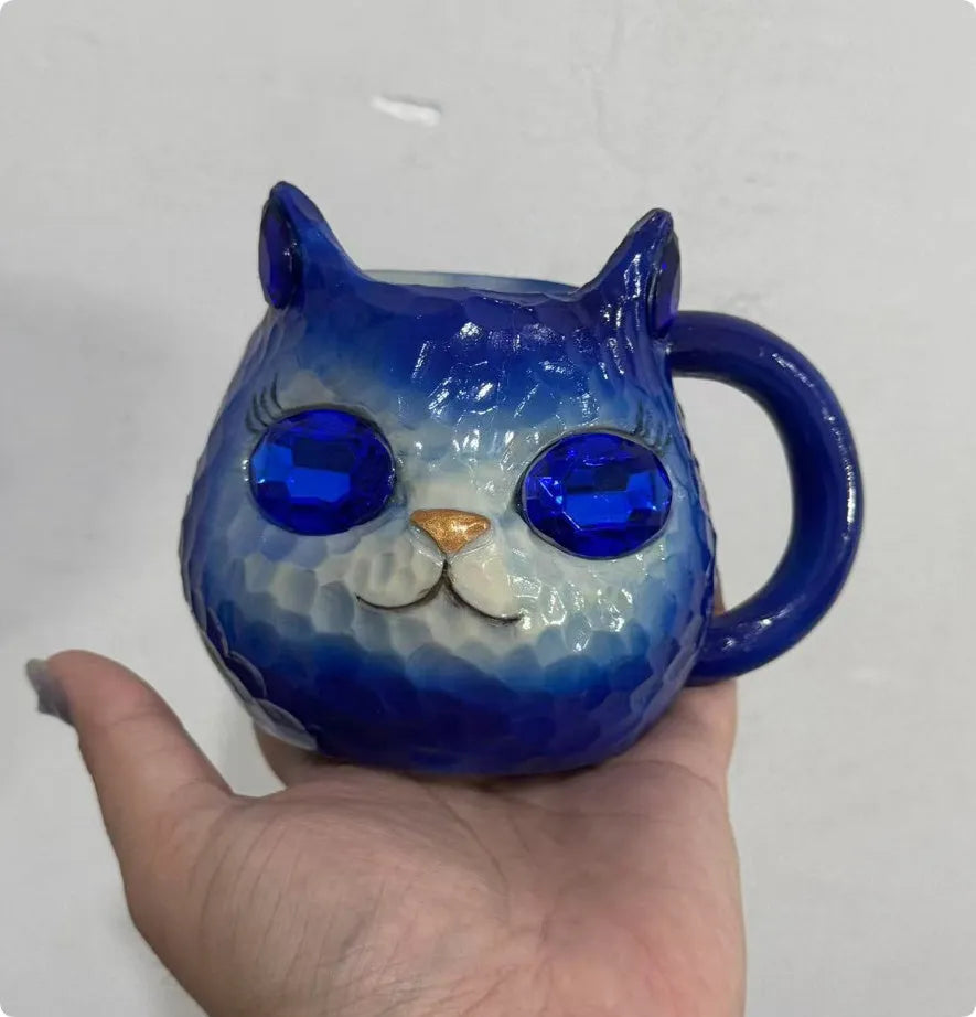 Cat cup resin craft ornament in purple, green, blue, or pink colours for desk display