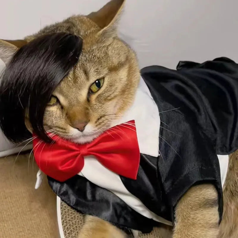 Black polyester cat wig with imitation braid design for pet costume occasions