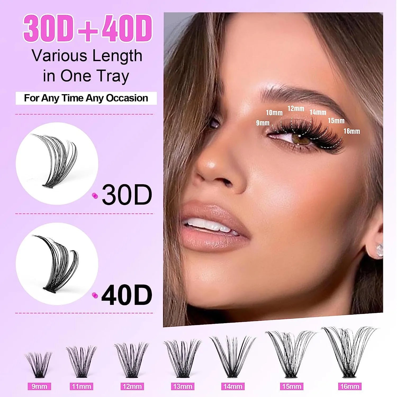 Mixed package of DIY 30D and 40D cluster false eyelashes ranging from 9mm to 16mm with tweezers