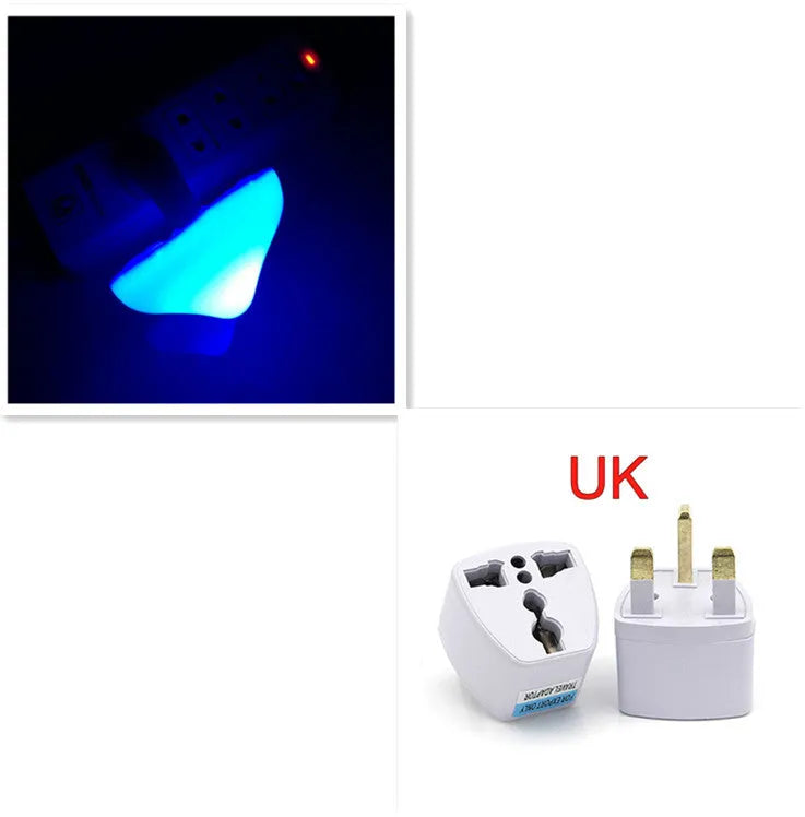 Mushroom-shaped LED night light with light sensor, warm yellow glow, plugging into a wall socket