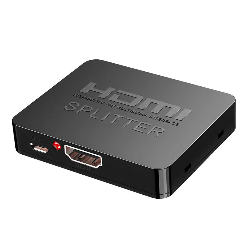 HDMI splitter device distributing 4K video to two displays with multiple power interface options
