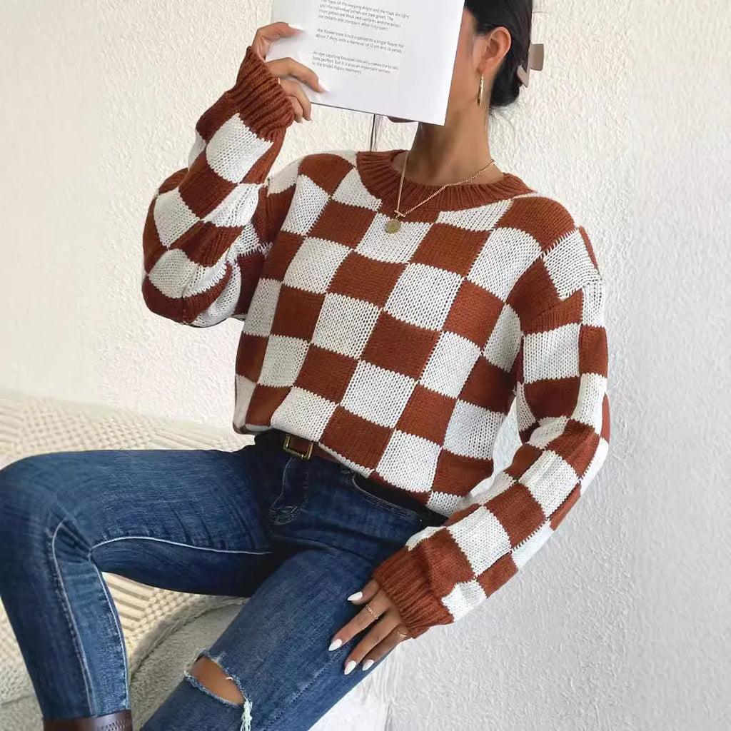 Dark brown acrylic pullover sweater with a chessboard plaid pattern and loose round neck.
