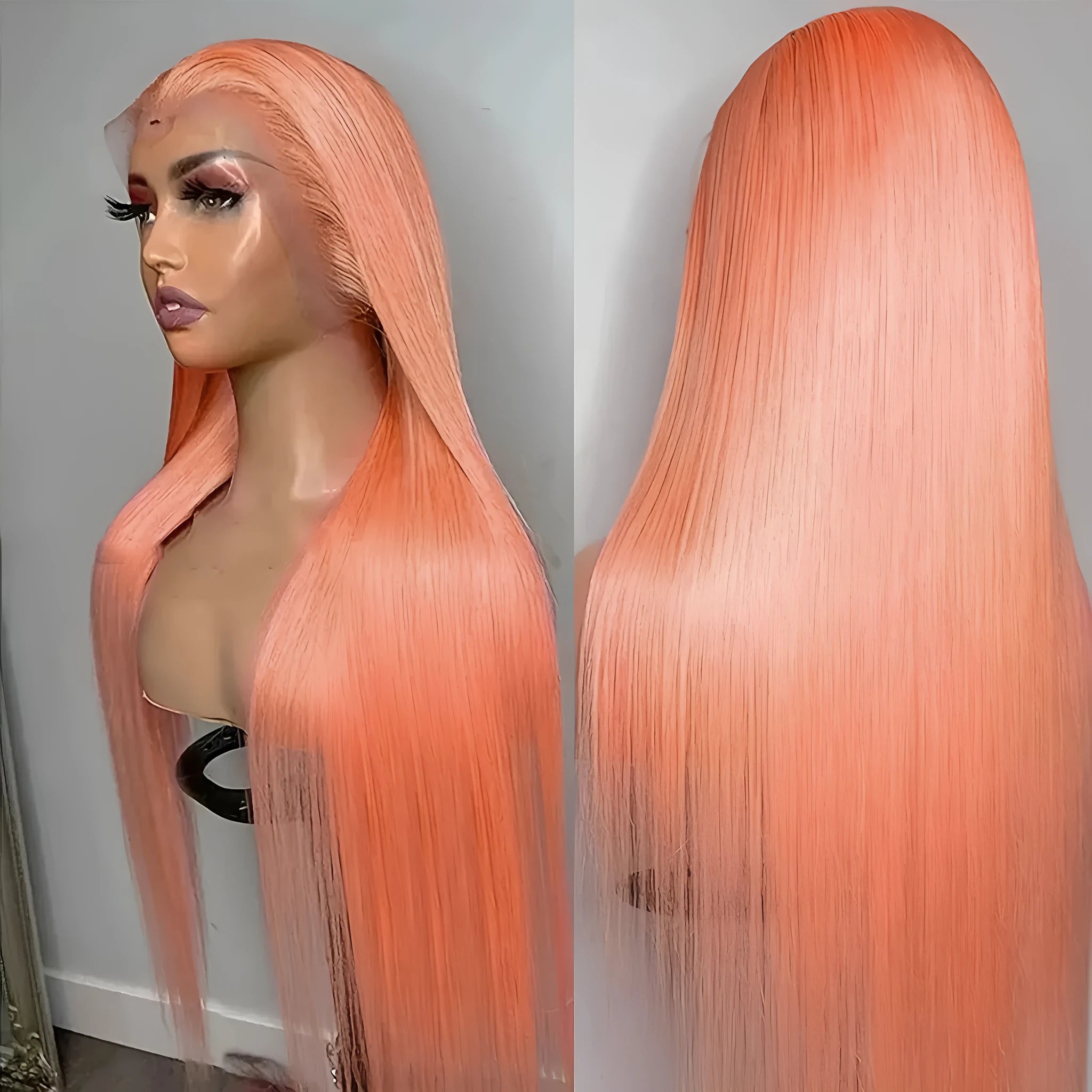 Light orange long straight front lace wig on a mannequin head, showing side bangs.