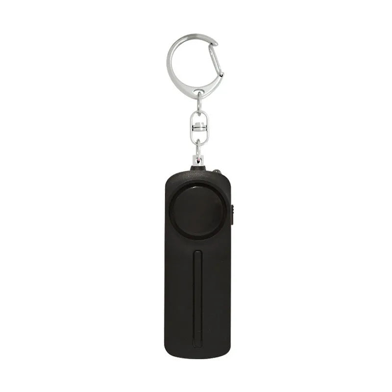 Compact pink personal safety alarm with keyring, showing dimensions and LED light.