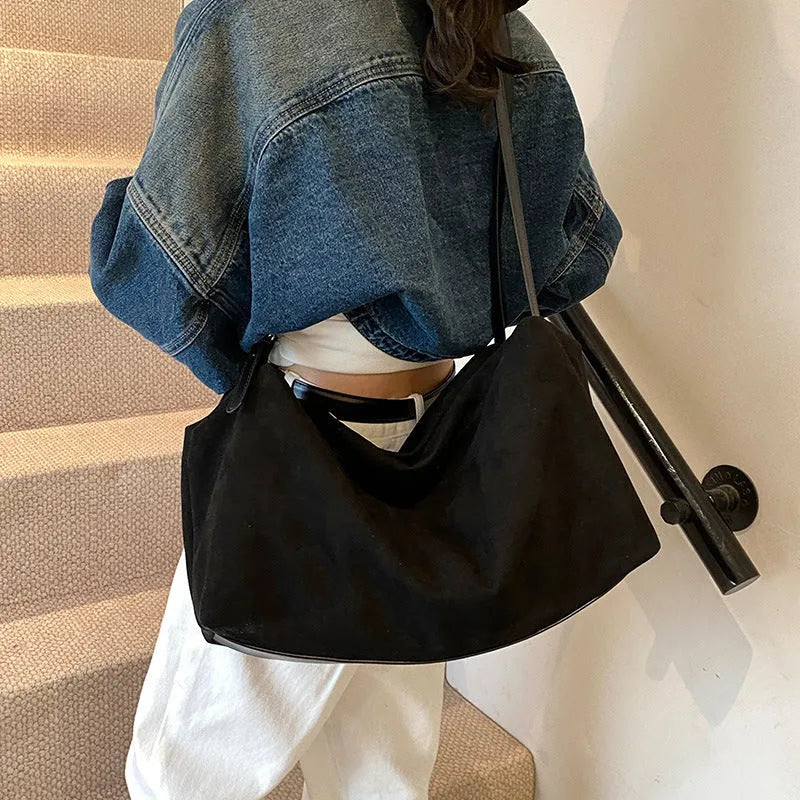 Women's large capacity suede pillow shoulder bag available in black, brown, coffee, khaki colours