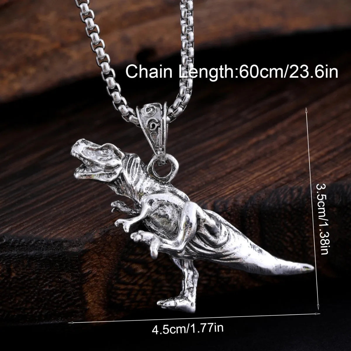 New hip hop style versatile titanium dinosaur pendant in silver tone on a neutral background