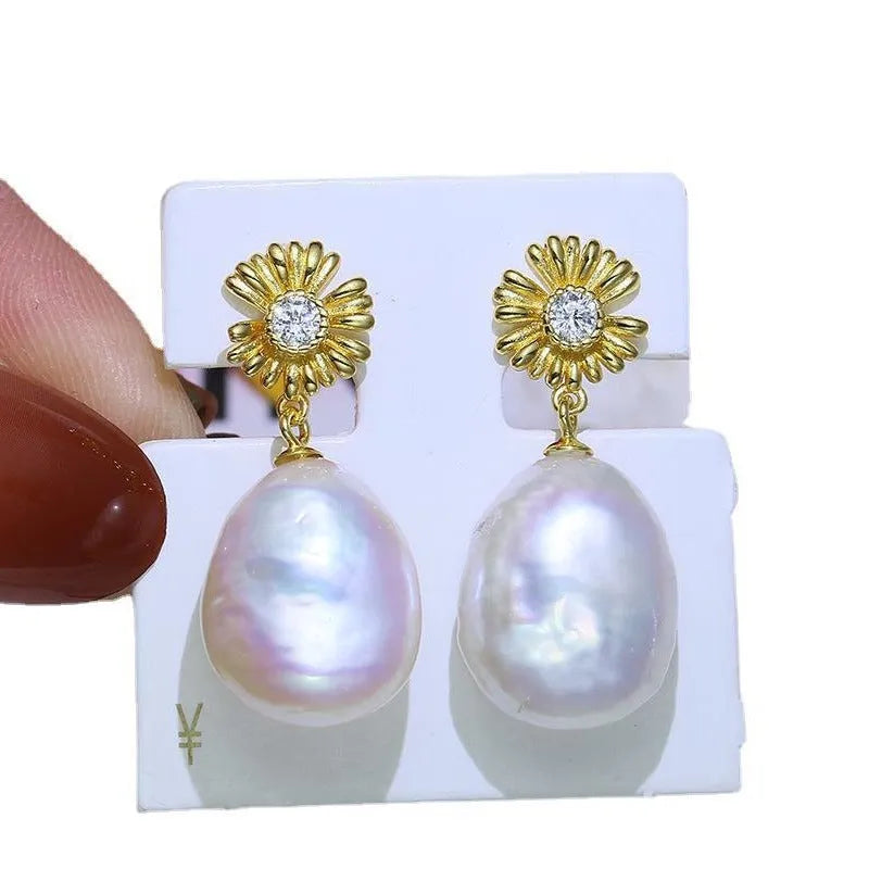Baroque floral design sterling silver earring holder ring with matching drop earrings