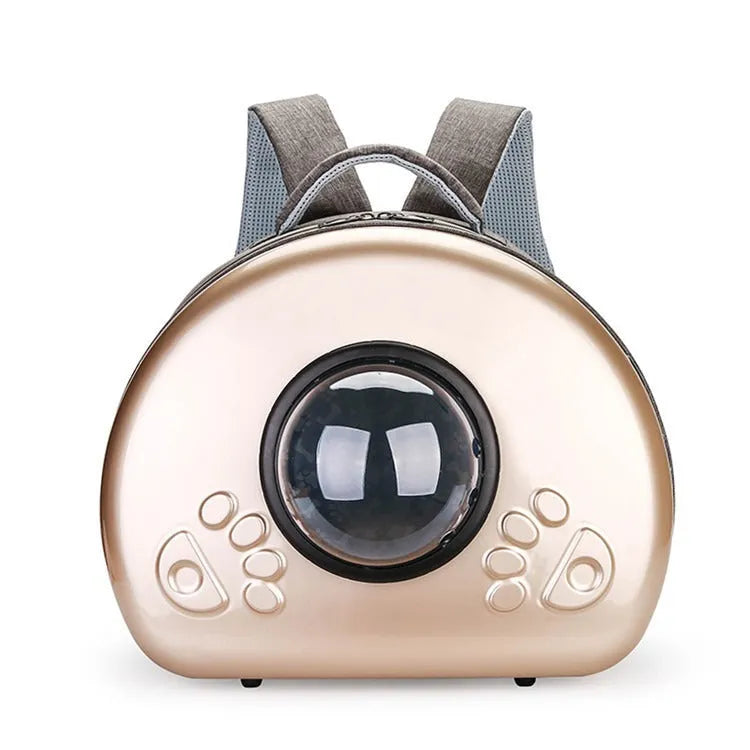 Transparent space capsule style cat carrier bag with breathable design and rose gold front cover.
