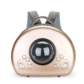 Transparent space capsule style cat carrier bag with breathable design and rose gold front cover.