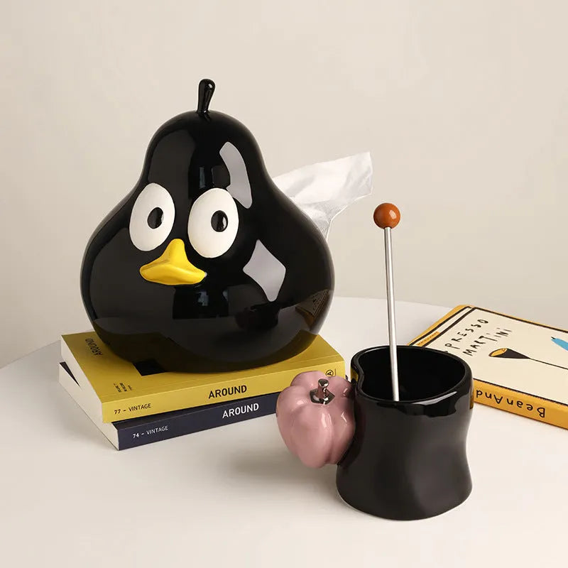 White ceramic pear shaped tissue box holder with cute animal design in green colour option
