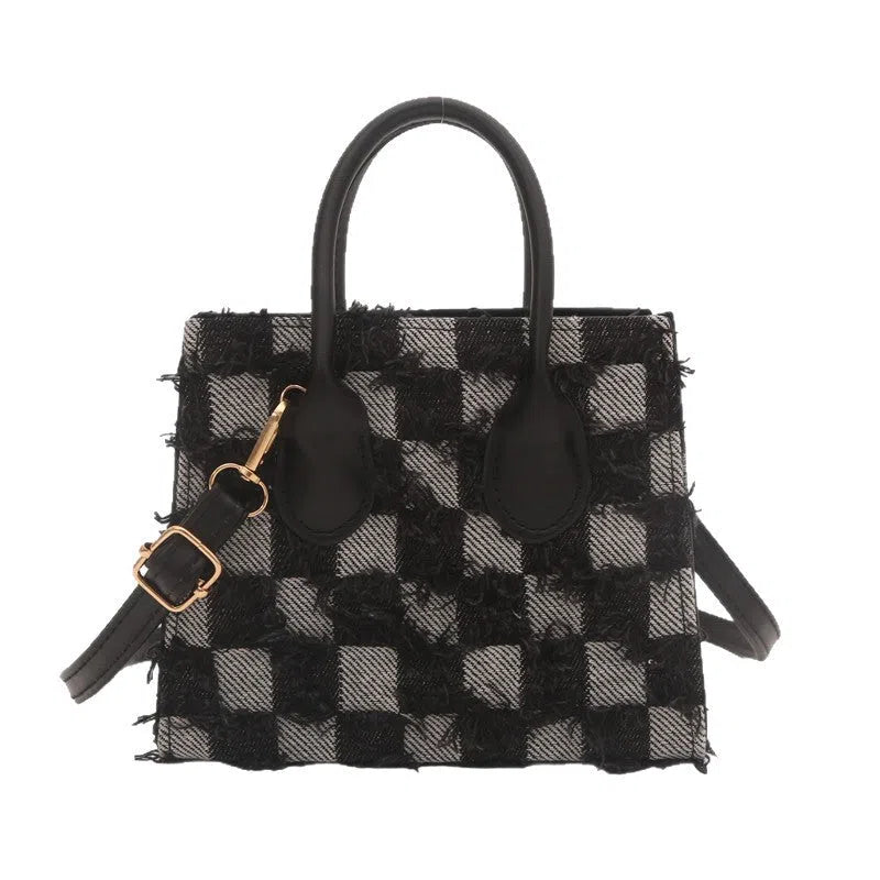 Women's denim plaid crossbody bag with single shoulder strap, phone pocket, black, blue, dark blue, white