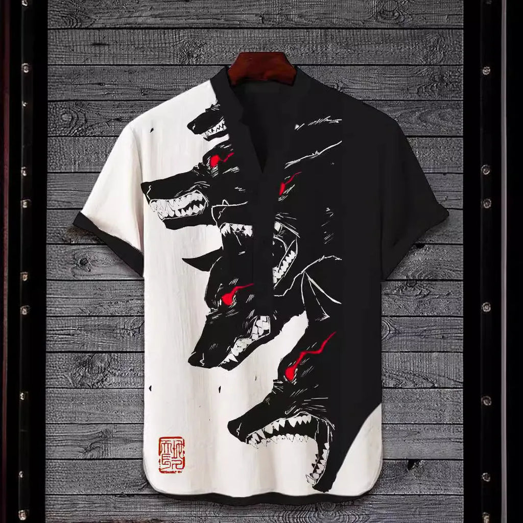 Man wearing a short sleeve t-shirt with a bold 3D digital animal graphic print on the front.