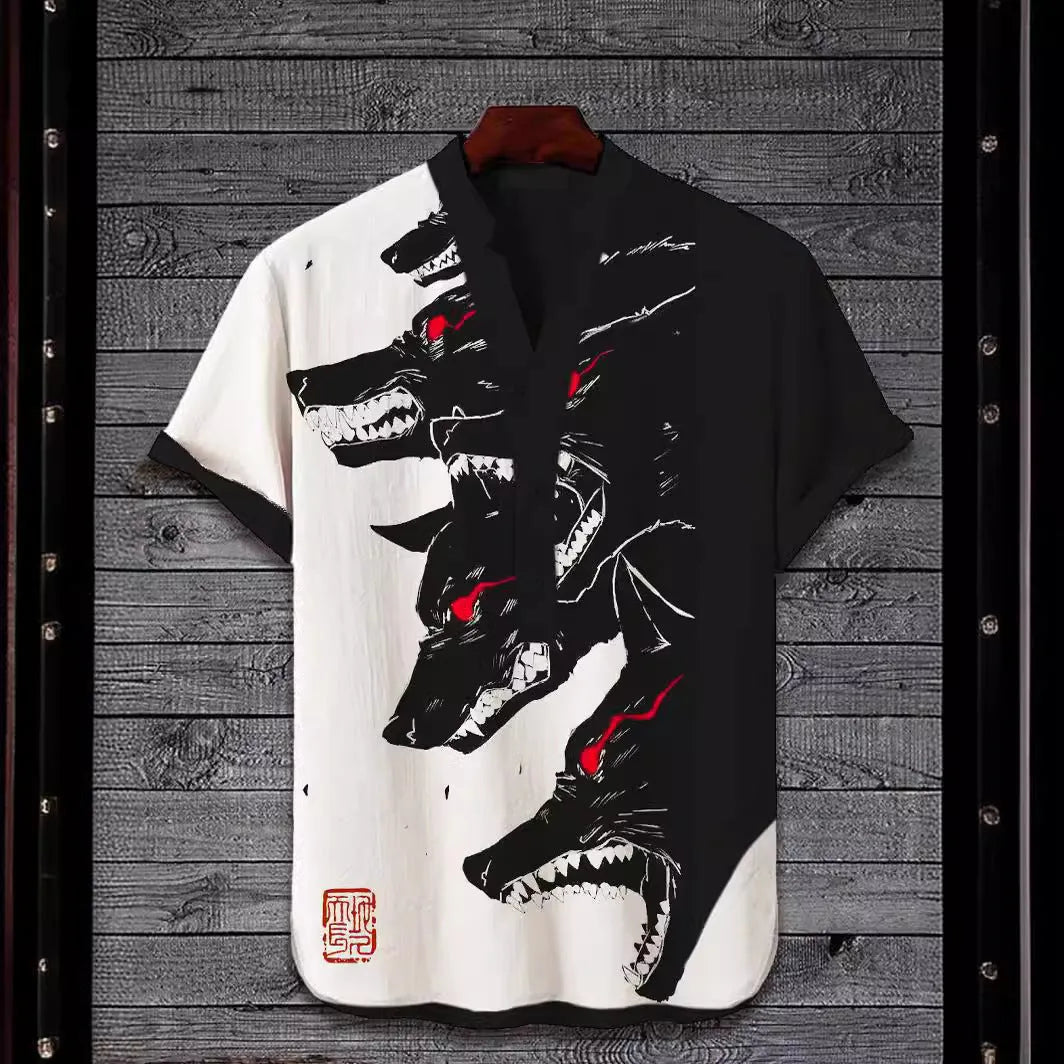 Man wearing a short sleeve t-shirt with a bold 3D digital animal graphic print on the front.