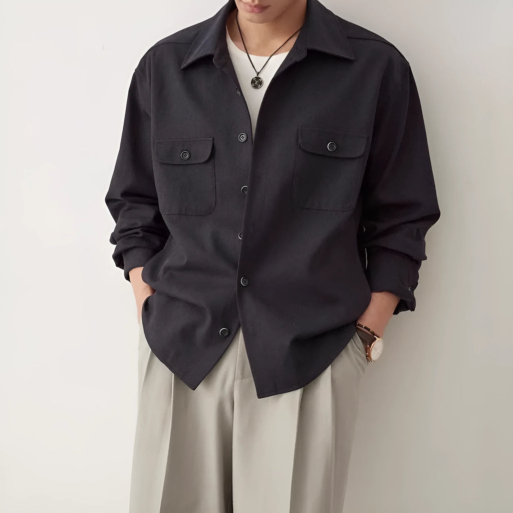 Men's casual shirt with cotton fabric lapels in Light Sand Rice colour, showing long sleeves and simple profile.