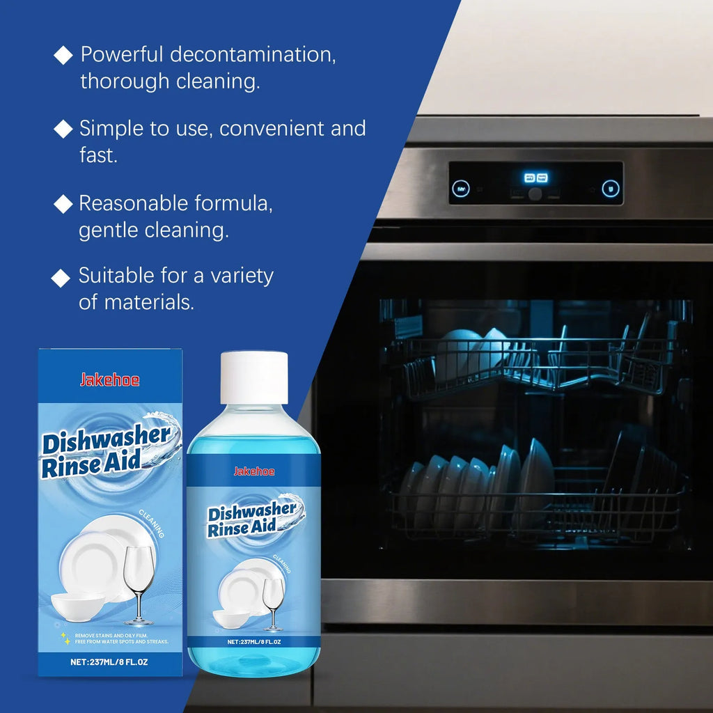 237ml bottle of dishwasher detergent aid for stain and oil removal on plates and kitchenware.