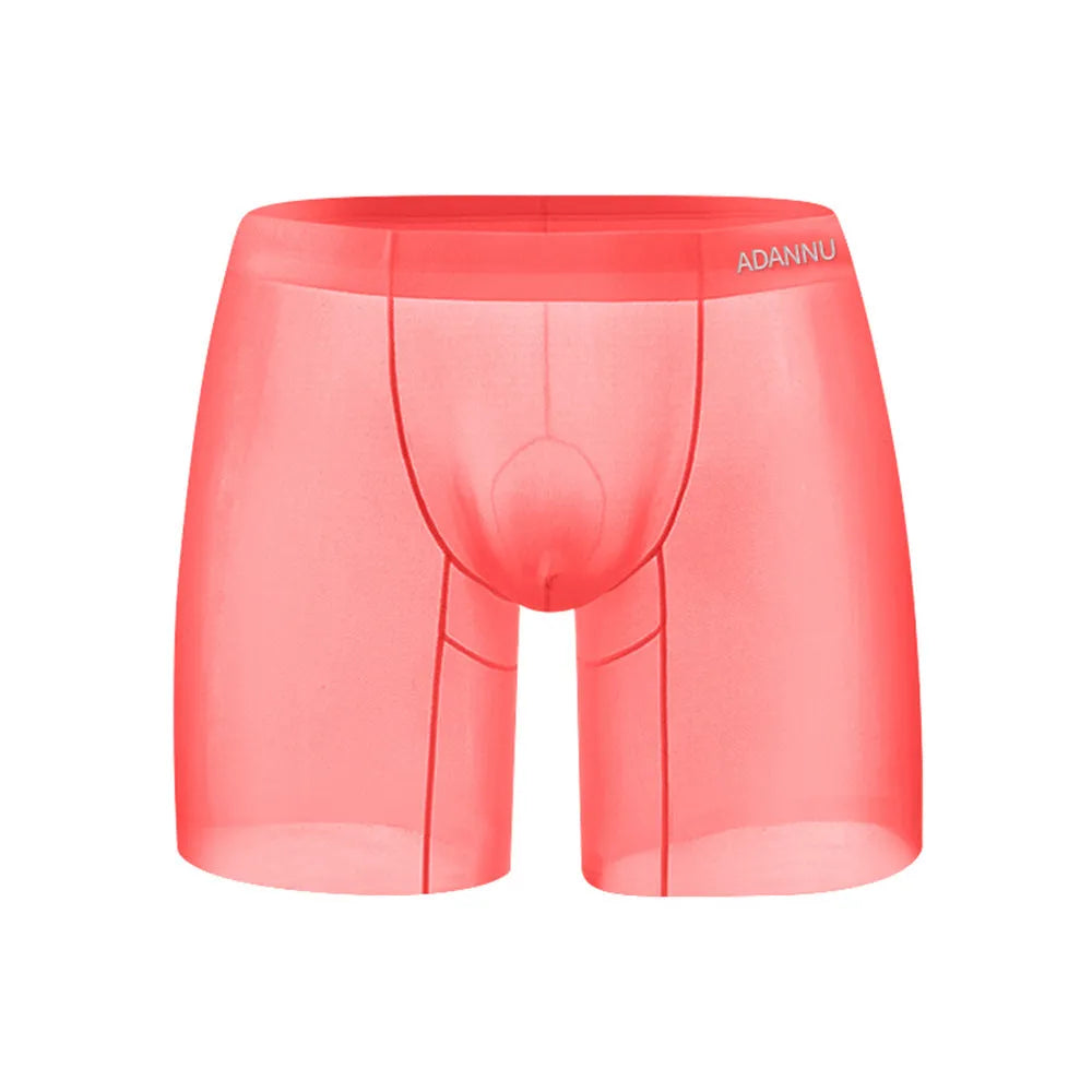 Men's orange seamless nylon boxer shorts with low waist and hip-lift design.