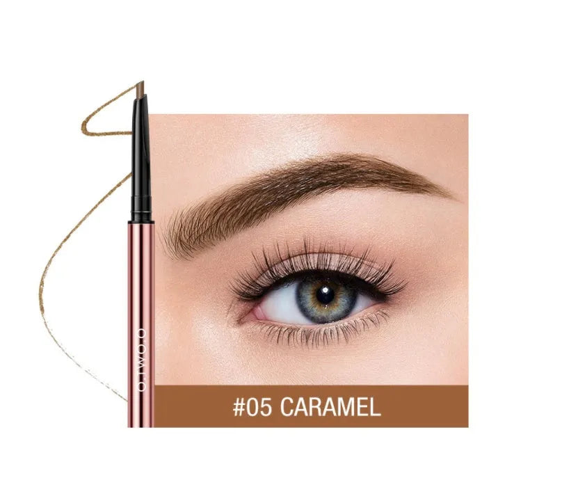 Slim brow makeup pencil in colour box with six shade options: Auburn, Blonde, Caramel, Dark Brown, Soft Brown, Taupe.