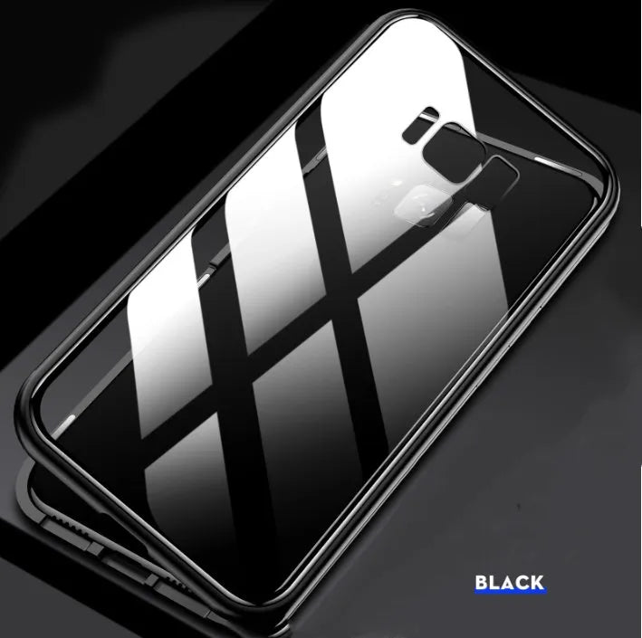 Magnetic anti-peeping phone case for Samsung Galaxy with double-sided glass construction in clamshell design