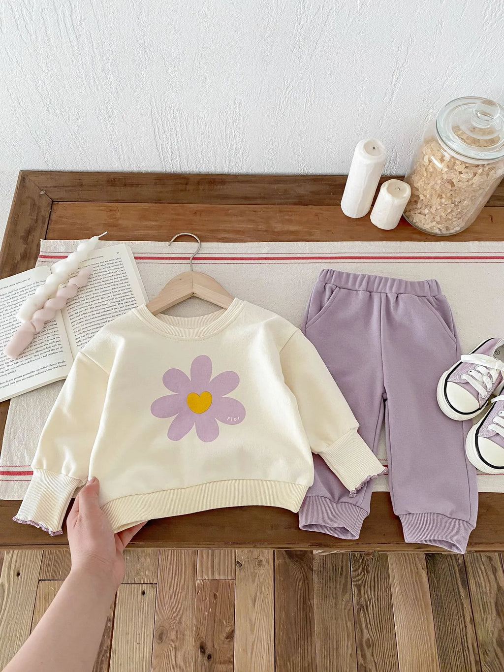 infant two-piece set cute flower sweatshirt and sweatpants baby girl suit purple cotton