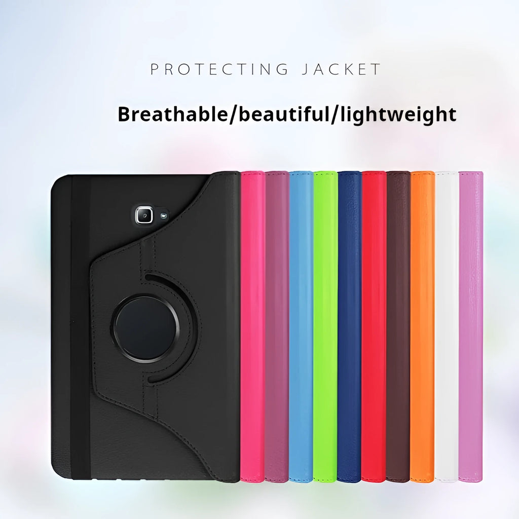 Rotating leather case for T-series tablet showing multiple viewing angles and colour options