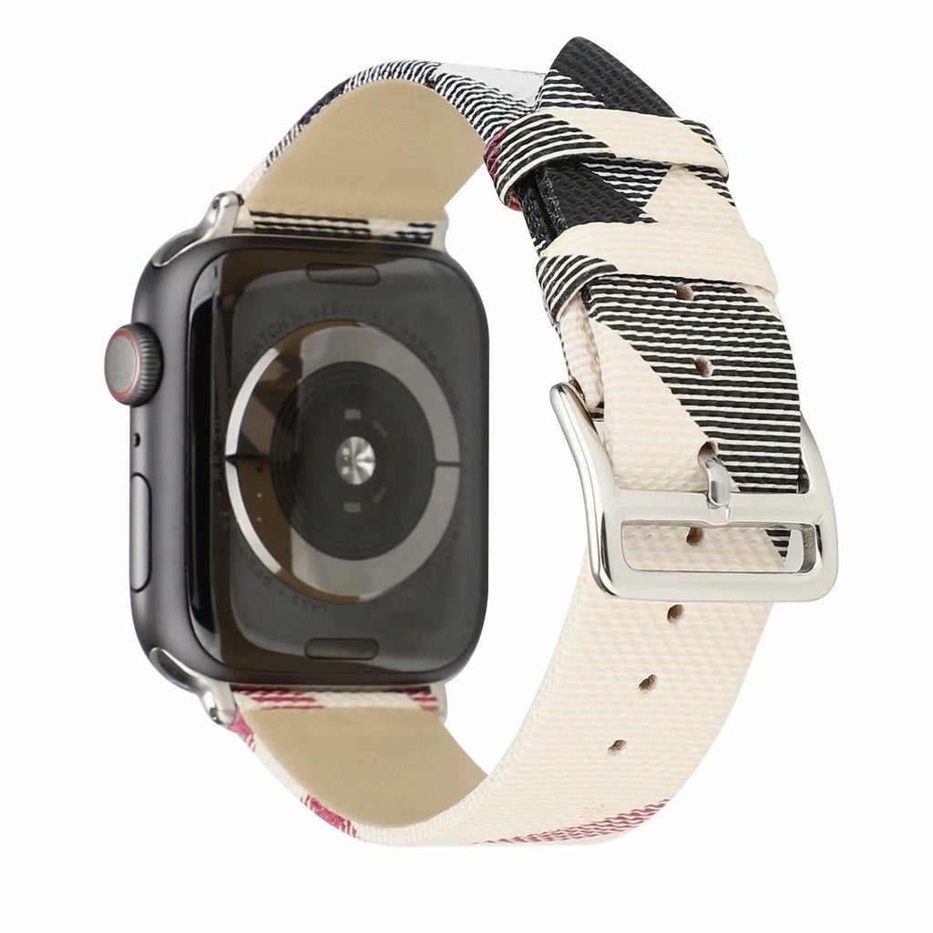 Grey plaid leather-style PU watch strap for 38/40mm or 42/44mm watch cases on a white background