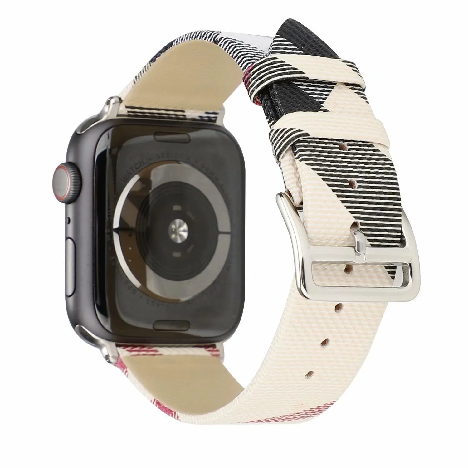 Grey plaid leather-style PU watch strap for 38/40mm or 42/44mm watch cases on a white background