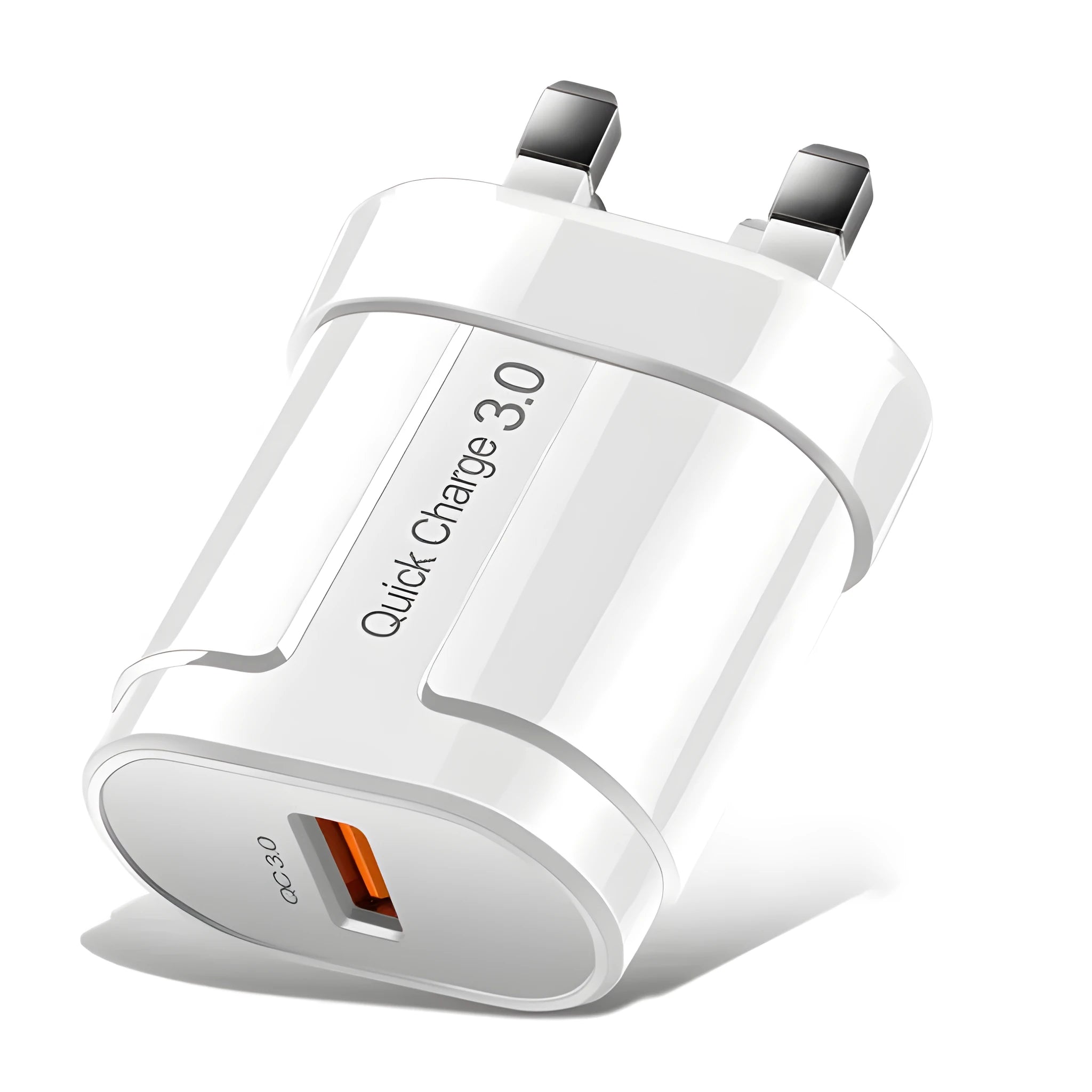 White international smart charger for mobile phones with EU UK US plug options shown