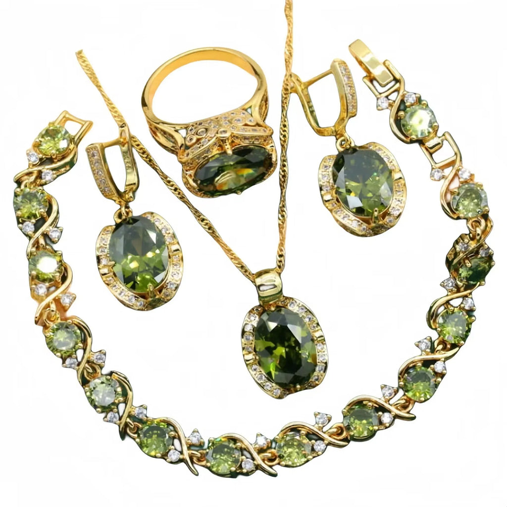 Women's full rhinestone zircon jewellery set with snake bones chain in olive green or red colour