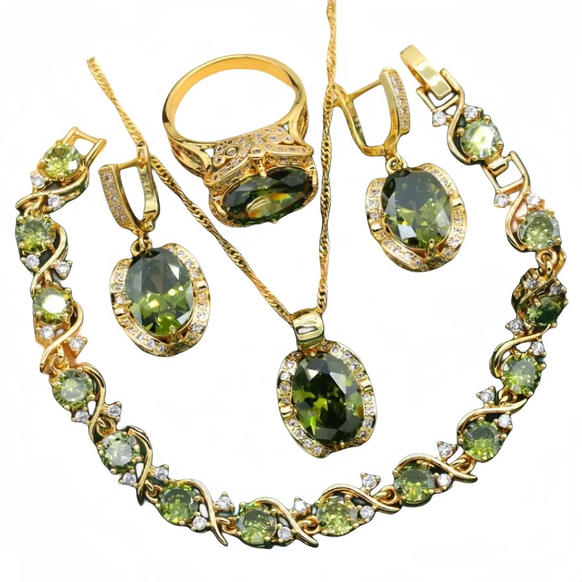 Women's full rhinestone zircon jewellery set with snake bones chain in olive green or red colour