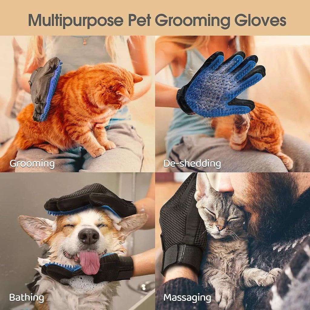 Blue pet grooming gloves with silicone tips for dog and cat hair removal and massage