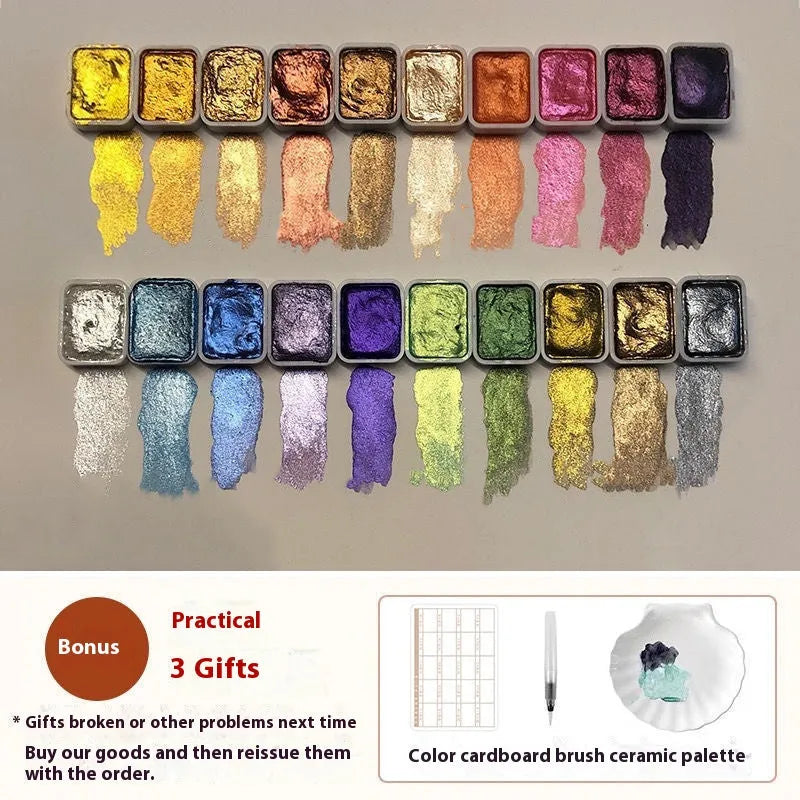 Traditional Chinese painting mineral pearlescent watercolour set showing tubes of red, white, gold, and warm and cool colour palettes.