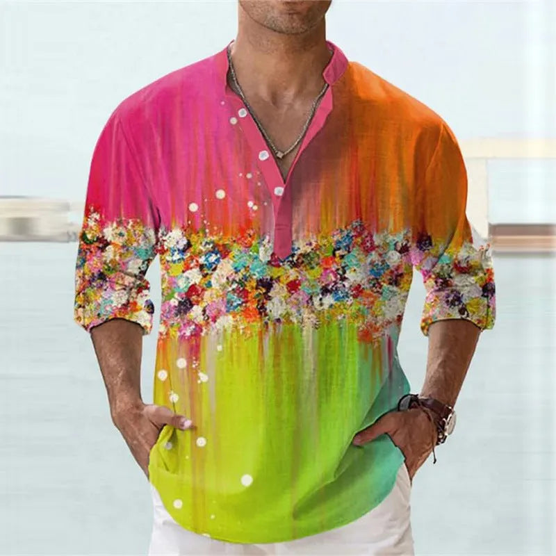 British style short sleeve shirt with stripe pattern from 3D digital thermal transfer printing on bamboo hemp fabric.