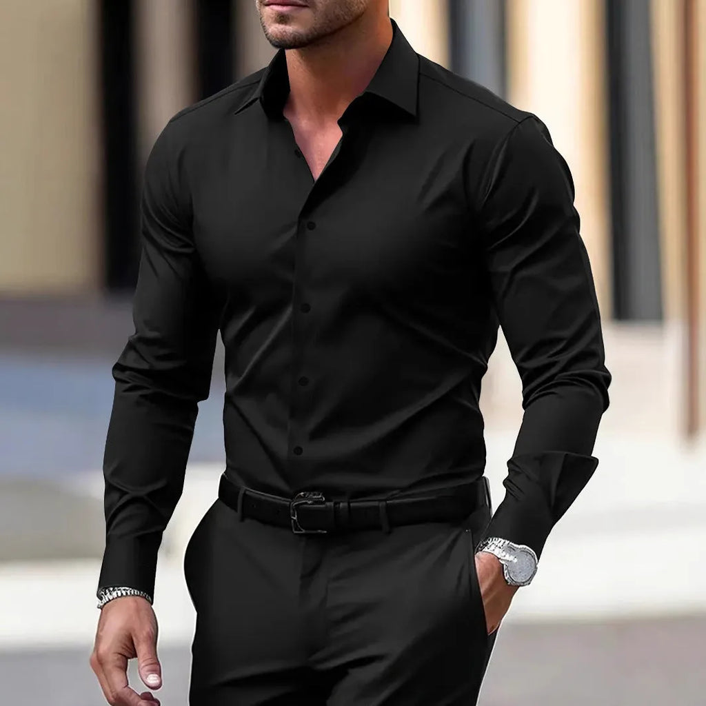 Men's long sleeve velvet button down business shirt in solid colour, summer casual vacation top