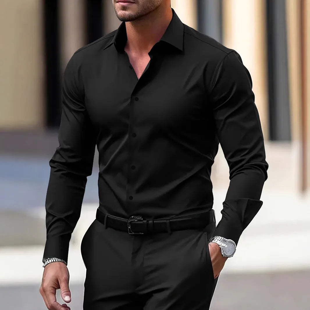 Men's long sleeve velvet button down business shirt in solid colour, summer casual vacation top
