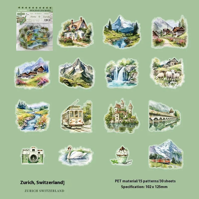 Six retro architecture journal stickers showing Paris Arc de Triomphe, London Big Ben, Maldives, Zurich, Rome Fontana di Trevi, and Bangkok Grand Palace