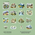 Six retro architecture journal stickers showing Paris Arc de Triomphe, London Big Ben, Maldives, Zurich, Rome Fontana di Trevi, and Bangkok Grand Palace