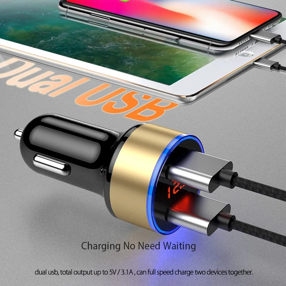 5V 3.1A dual USB car charger with red LED display in black, blue, gold, red, and silver colours