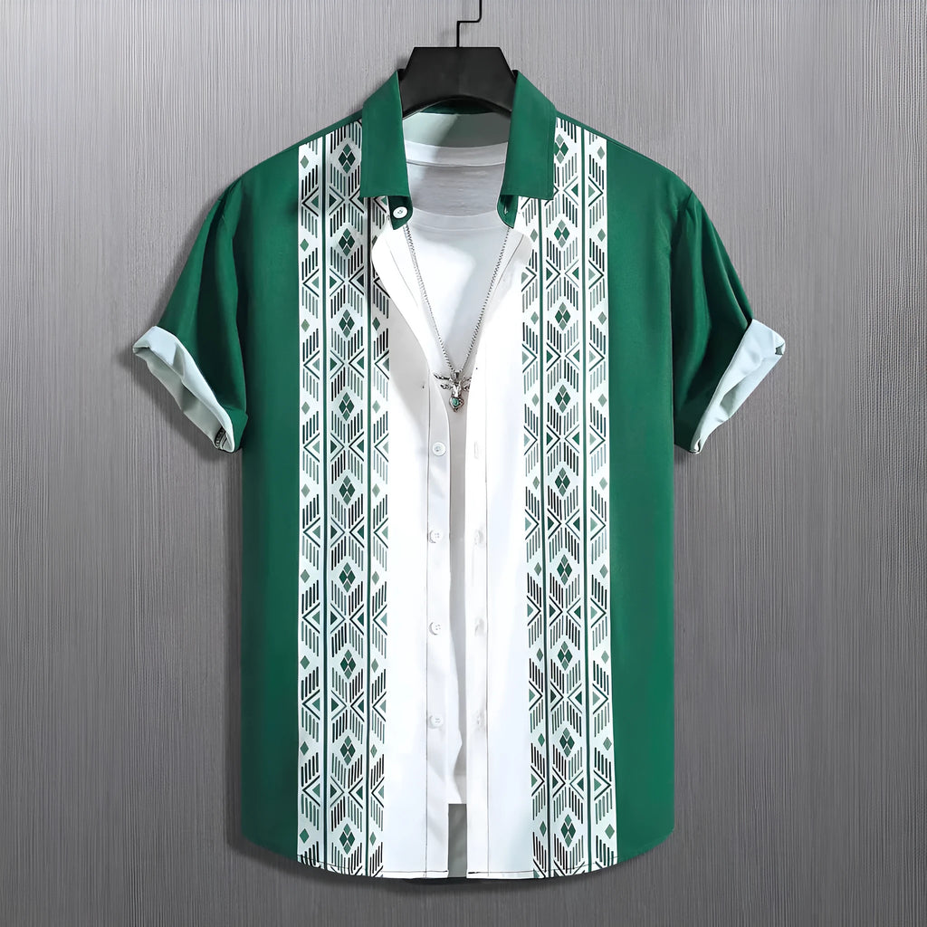 Men's plaid short-sleeve shirt cardigan with contrast lapel in elastic polyester fabric