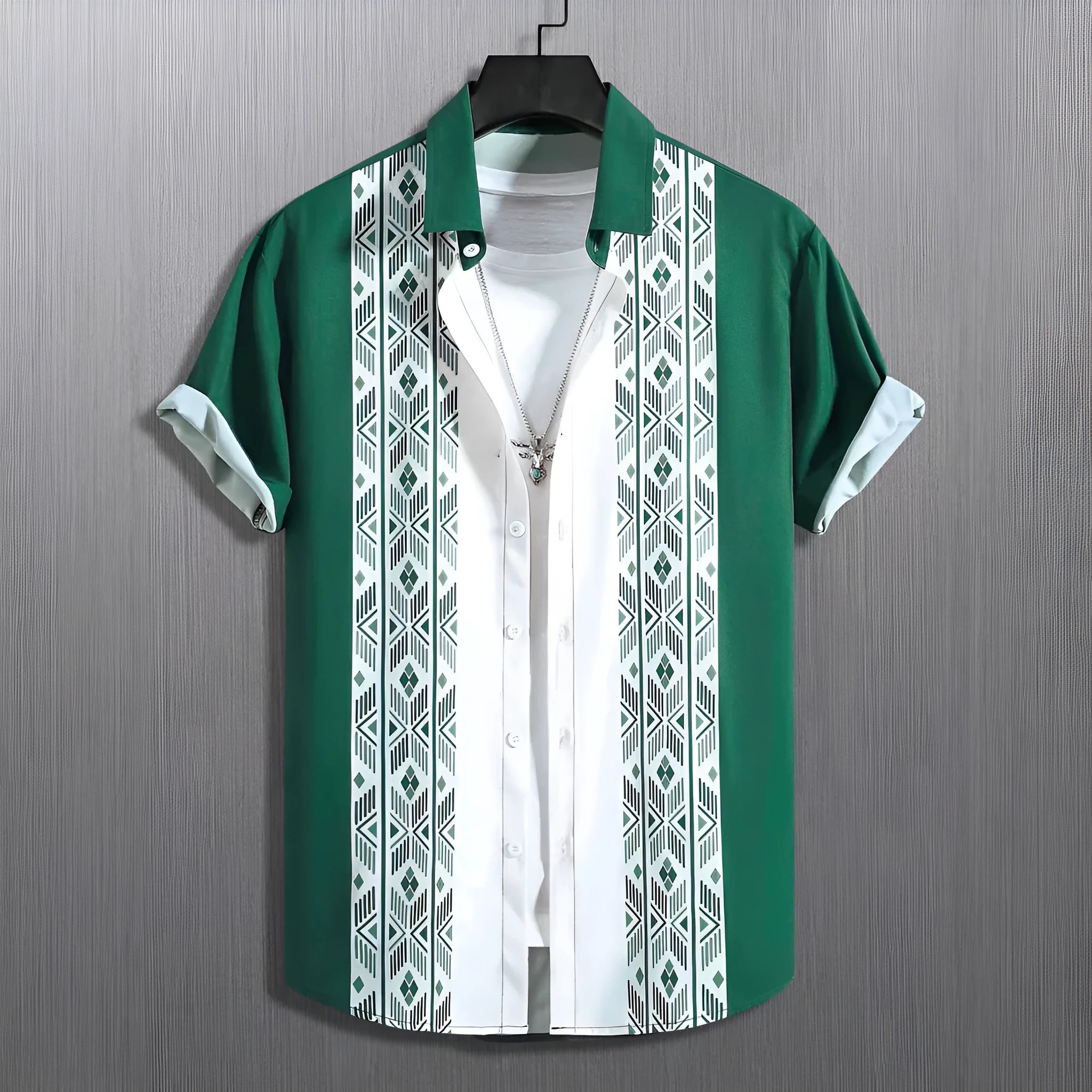 Men's plaid short-sleeve shirt cardigan with contrast lapel in elastic polyester fabric