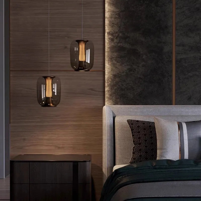 Nordic minimalist chandelier light fixture in transparent, cognac or smoky grey colour measuring D16cm x H20cm