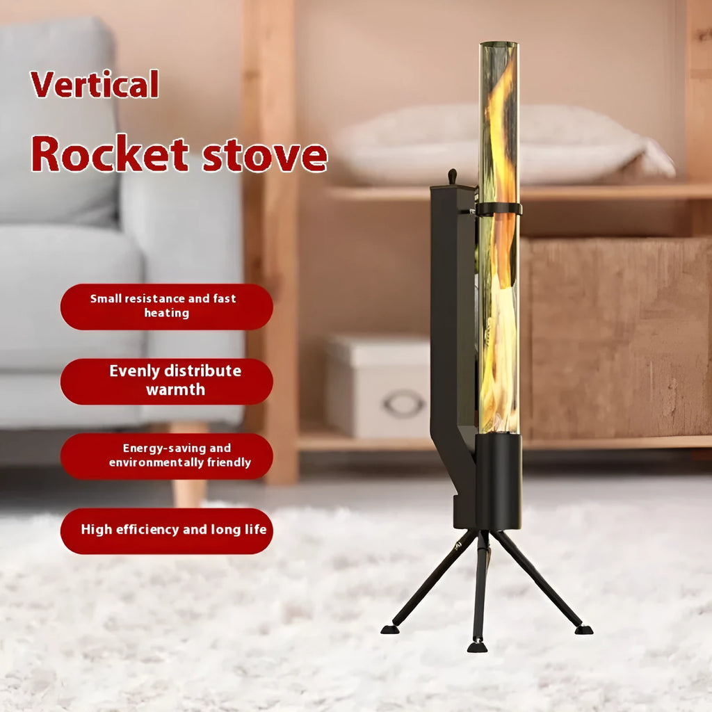 Vertical black cast iron wood burning rocket furnace for courtyard heating