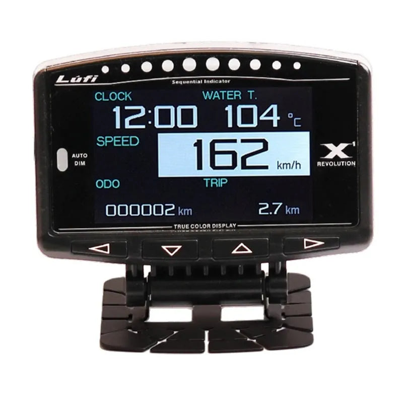 X1 Automotive OBD diagnostic instrument with LED display, metal housing, and connected power cord.