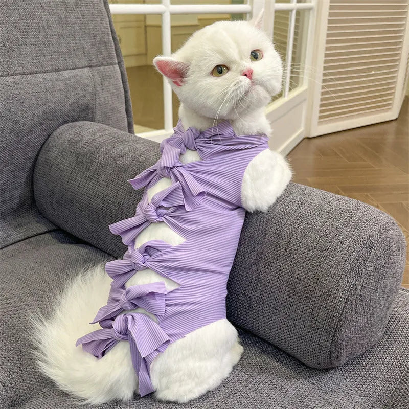 Lace-up cat sterilization clothing in polyester for post-operation recovery, shown in multiple colour options