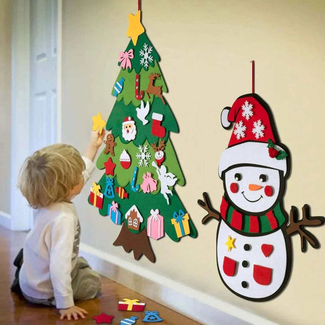 DIY felt Christmas tree multi-layer 3D design 98x70cm with 32 decorations snowflakes Santa reindeer