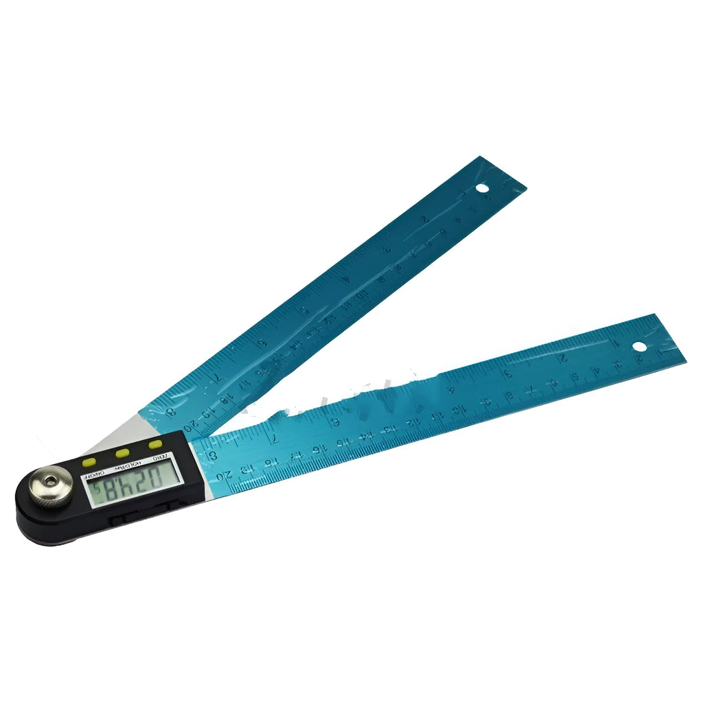 Stainless steel digital angle ruler with display on a wooden workbench showing a 45-degree angle