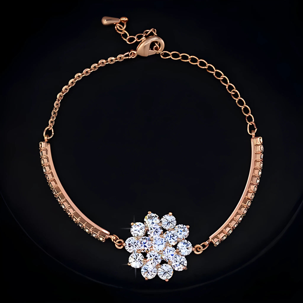 Rose gold cubic zirconia bracelet with cross crown Roman numeral motifs on alloy setting